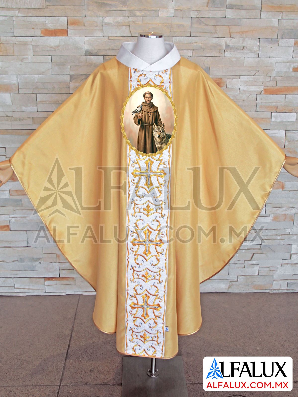 27 FIDELIS Alfalx Casulla Dorado Perla Medallon San Francisco de Asis SIMULA